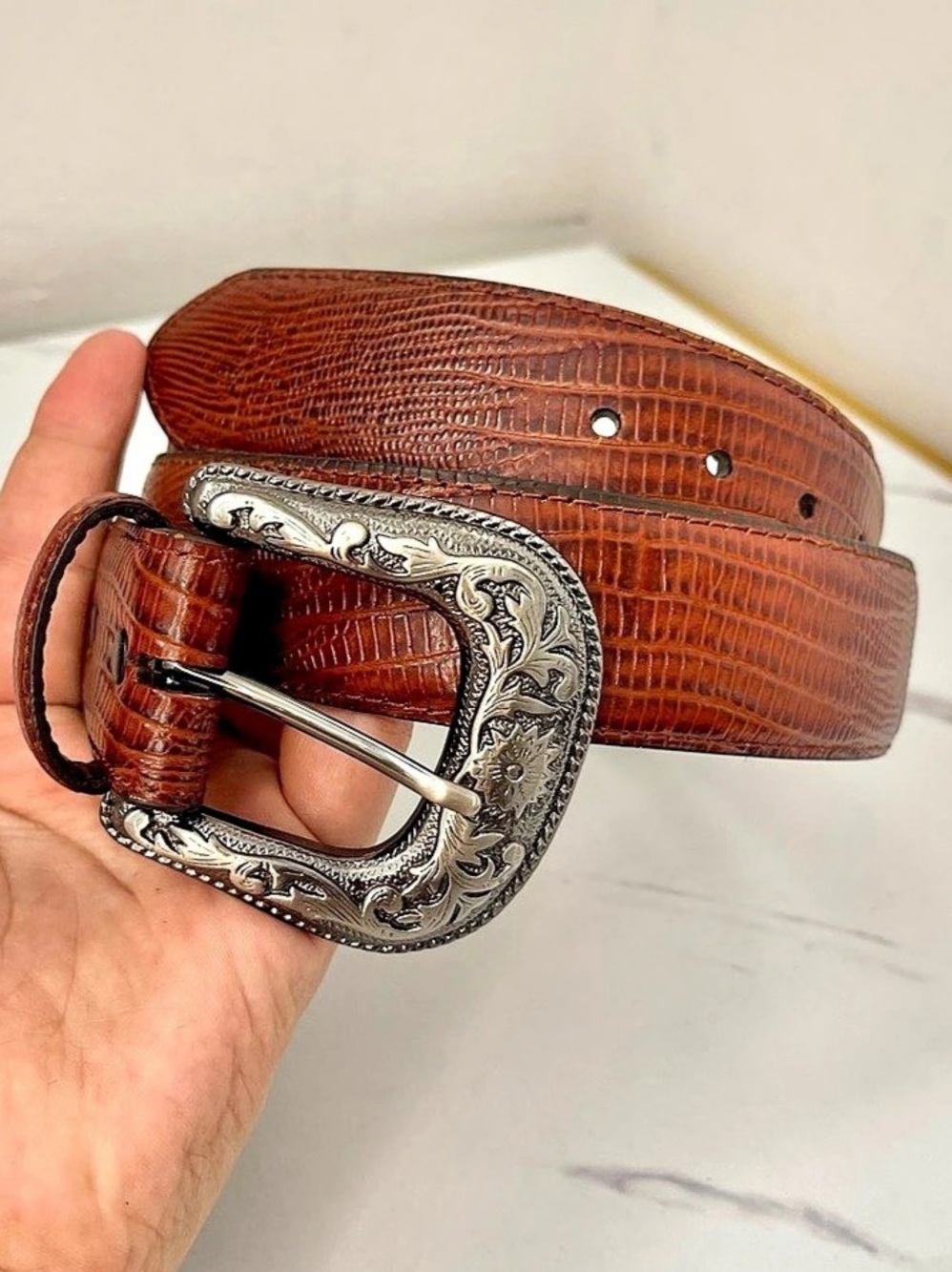 Brown Genuine Leather Cowboy Belt with Engraved Buckle Size 39 inches